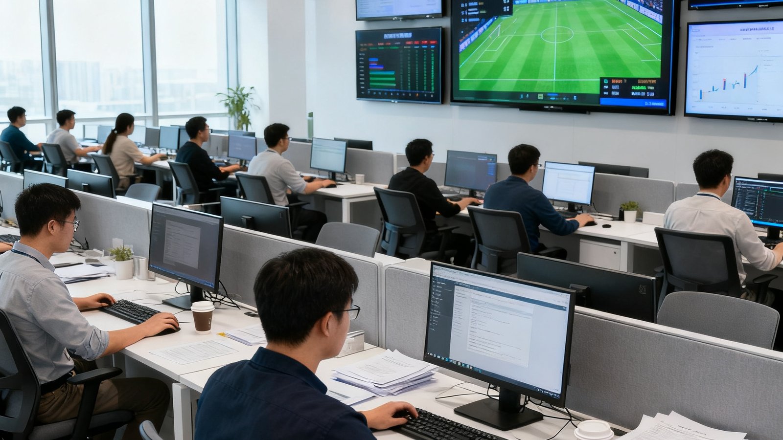 球探足球比分北京总部办公室内景，开放式的现代办公空间里数十位数据分析师和工程师正在专注工作，墙上多块大屏幕实时显示全球比分数据
